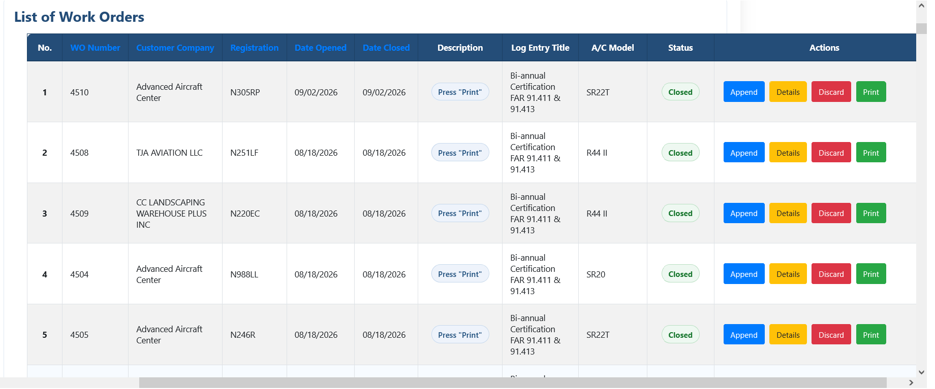QuickLogBooks aircraft maintenance work order management screen